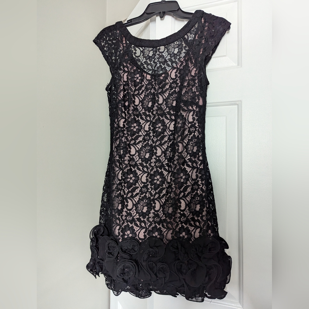 Blondie Nites By Stacy Skylar Short Detailed Black Lace Dress with Pink Slip